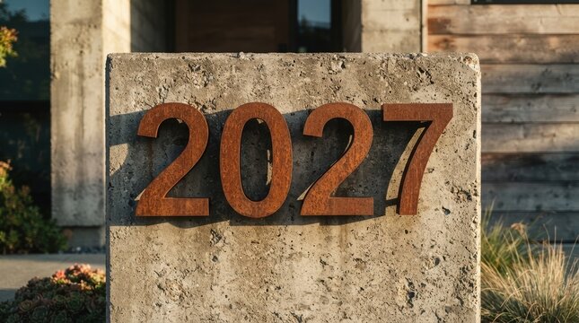 Modern concrete house address number 2027 mounted on a rustic stone pillar for residential exterior design