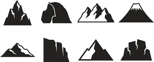 Fototapeta premium Set of black mountain vector icons featuring peaks cliffs volcanoes and rock formations for outdoor designs