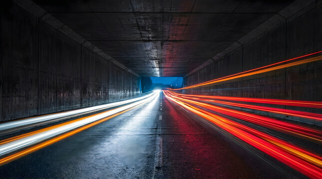 Bright light trails from fast cars on dark highway at night
