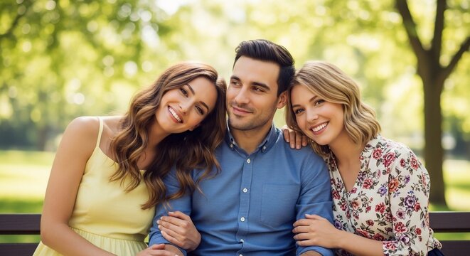 Three smiling people outdoors