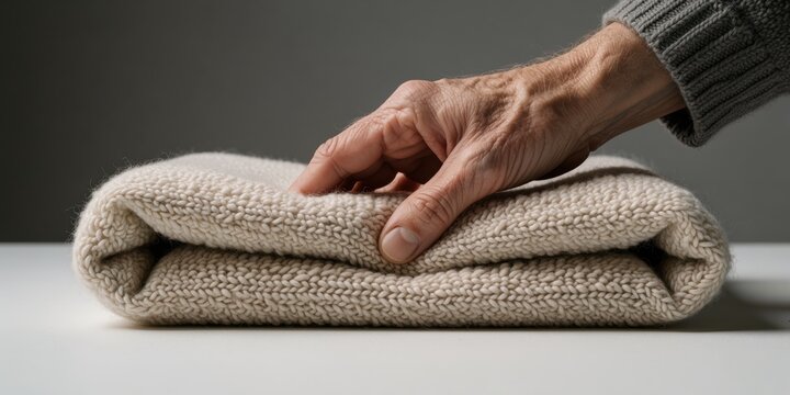 Elderly man gently folding a warm beige knit wool sweater on a table to represent cozy winter clothing care, comfort, and domestic lifestyle concepts
