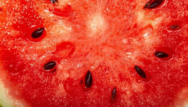 Vibrant close up macro texture red watermelon flesh featuring dark scattered seeds summer refreshment concept with glistening moisture droplets