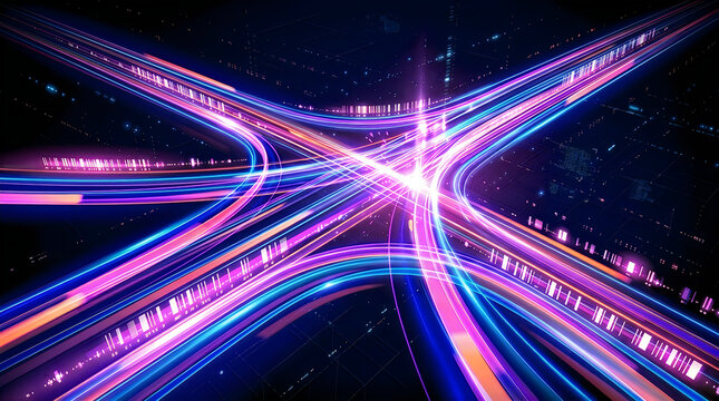 Bright colorful light rays shining from center in dark background