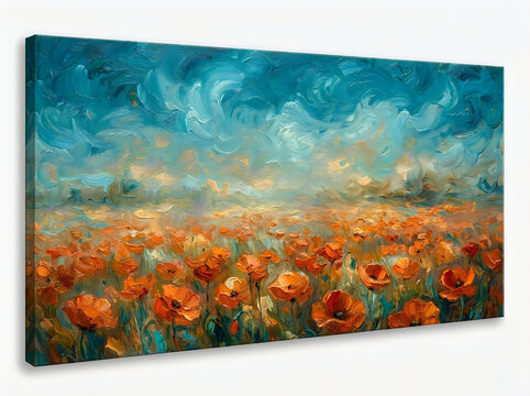 Abstract impressionist painting of a vibrant poppy field under a moody blue and teal sky