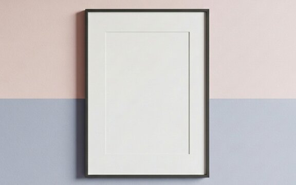 Blank black picture frame with white mat on a two-tone wall, ready for custom artwork or photography display. Minimalist interior design element for mockups