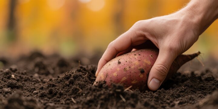 Close-up of a person harvesting a fresh organic sweet potato from rich dark soil in an autumn garden, representing sustainable agriculture and healthy food