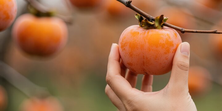 Close up of a hand harvesting ripe orange persimmon fruit from a tree branch in autumn harvest season representing agriculture and fresh produce
