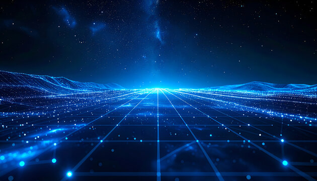 Digital landscape with gridlines and luminous dots, under a starry sky, evoking a sense of data and technology