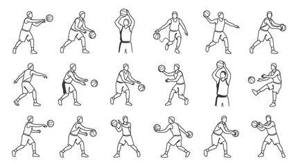 Obraz premium Black and White Line Art of Basketball Players in Various Poses, Sport Iconography