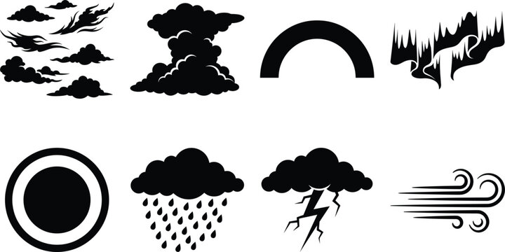 Set of weather and sky elements black vector icons featuring clouds rain storm and aurora borealis