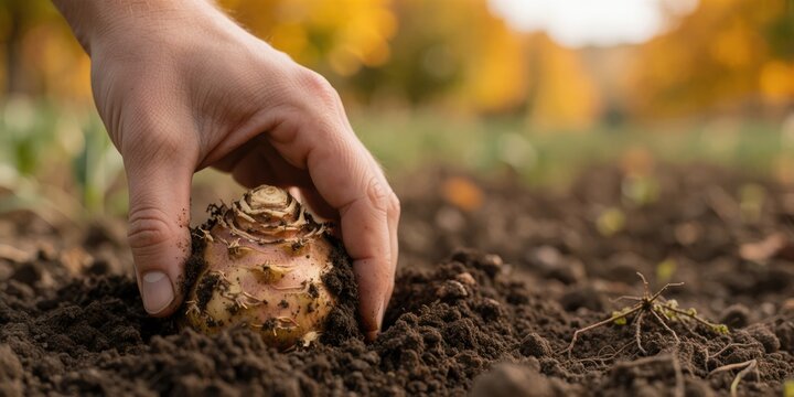A male hand harvesting a fresh organic celeriac root from the garden soil representing autumn harvest and healthy farm-to-table food production