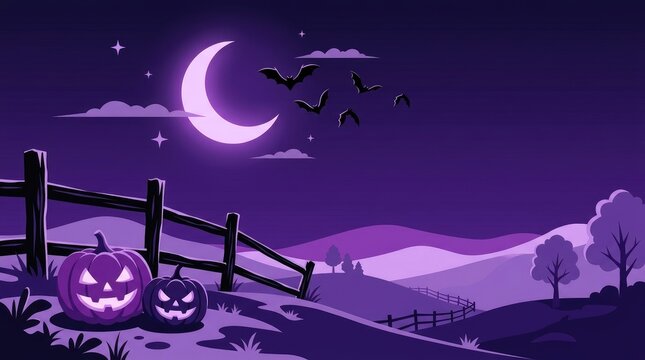 A purple halloween night landscape with a crescent moon, flying bats, and glowing jack-o'-lanterns by a wooden fence for a festive background
