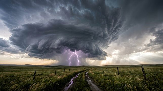 Supercell thunderstorm with lightning strikes over a rural landscape at dusk.