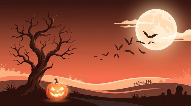 A spooky halloween landscape with a leafless twisted tree, glowing jack-o'-lantern, and flying bats under a large full moon in a red night sky