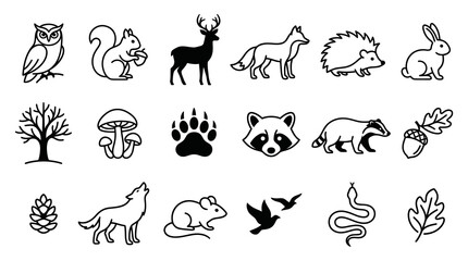 Obraz premium Black and White Line Art Woodland Animals Forest Nature Icons Set. Wildlife Outline Symbols.