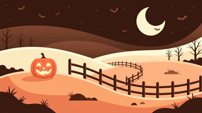 Halloween landscape with a single glowing jack o lantern, a wooden fence, bare trees, a crescent moon, and bats in a dark night sky