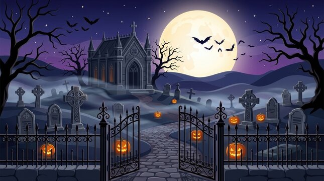 Halloween cemetery landscape with a stone chapel, iron gates, glowing jack o lanterns, bare trees, full moon, and bats in the night sky