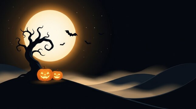 Halloween night landscape with a bare twisted tree, glowing jack-o-lanterns, a large full moon, and rolling hills in a dark atmospheric setting