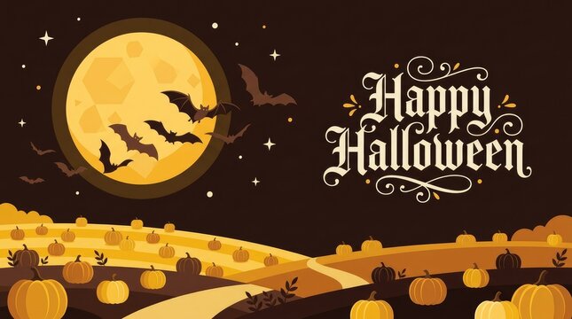 Happy halloween text with a large yellow moon, flying bats, and a pumpkin patch on a dark brown background, for a festive, seasonal greeting