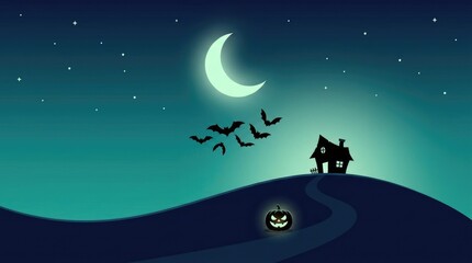 Fototapeta premium Minimalist halloween scene with a crescent moon, flying bats, a spooky house on a hill, and a single glowing jack o lantern at night