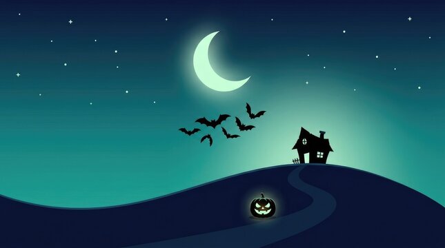 Minimalist halloween scene with a crescent moon, flying bats, a spooky house on a hill, and a single glowing jack o lantern at night