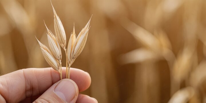 Close up of a human hand holding ripe oat stalks in a golden grain field representing harvest season