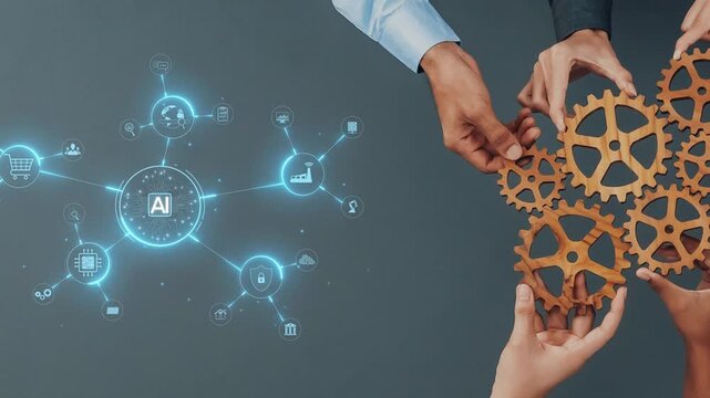 Two hands engage with gears in a modern workspace, symbolizing the fusion of artificial intelligence and technology to drive innovation and business efficiency. Raster
