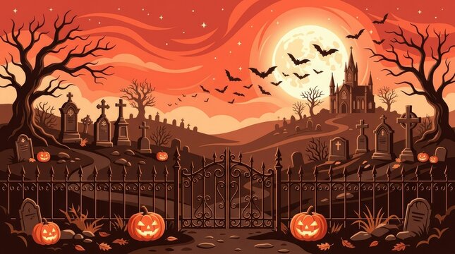 Red halloween landscape with a haunted castle, iron gate, gravestones, glowing pumpkins, and flying bats under a large full moon at night