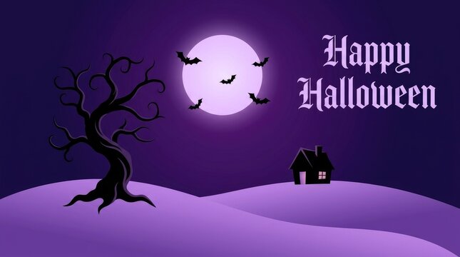 Simple halloween background, with a spooky, bare tree, a, small house, a, full moon, and, flying bats in, a purple night, sky with lettering