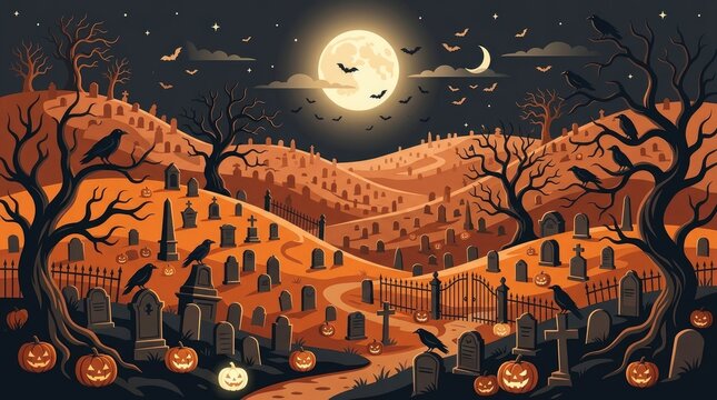 Spooky cemetery landscape at night with a full moon, bare trees, many tombstones, flying bats, and glowing jack-o-lanterns on the ground