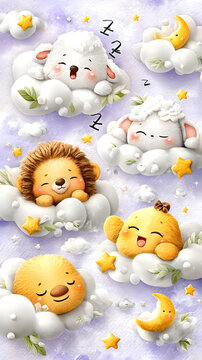 Playful Emoji Pattern Aesthetic Cute Cartoon Animals Sleeping on Clouds with Stars Kawaii Emoji Face Mobile Wallpaper Cute Expression Character Background   