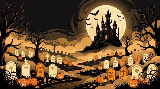 Spooky halloween graveyard landscape with a haunted castle, glowing pumpkins, tombstones, bare trees, full moon, and bats in the night sky