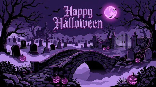 Spooky halloween graveyard scene with a stone bridge, glowing jack-o-lanterns, a full moon, and bare trees in a dark purple night landscape