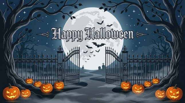 Spooky halloween graveyard scene with iron gates, glowing pumpkins, bare trees, full moon, and bats flying in the dark night sky