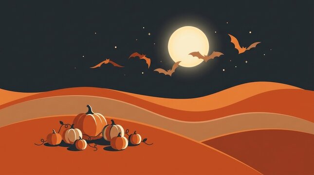 Spooky halloween night landscape with a bright full moon, flying bats, and a cluster of pumpkins on a wavy, layered orange and dark ground