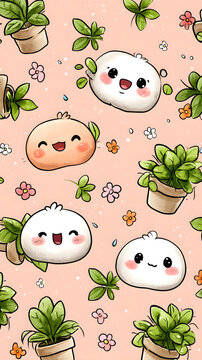 Playful Emoji Pattern Aesthetic Cute Kawaii Dumplings with Plants Pattern Illustration Kawaii Emoji Face Mobile Wallpaper Cute Expression Character Background   