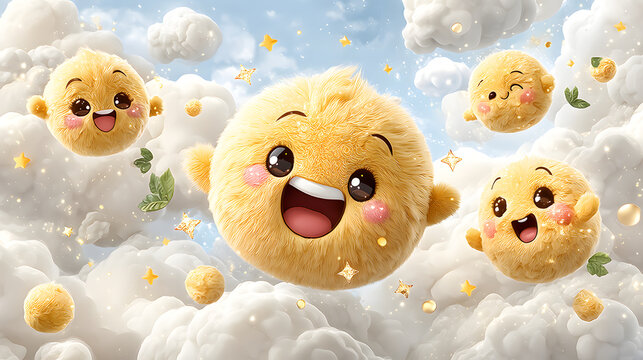 Playful Emoji Pattern Aesthetic Cute fluffy characters playing in sunny clouds. Kawaii Emoji Face Mobile Wallpaper Cute Expression Character Background   