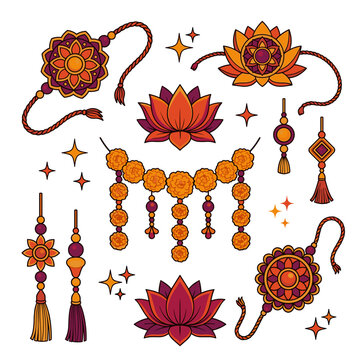 Decorative vector illustration featuring vibrant marigold garlands, traditional lotus blossoms, and colorful bracelet wristbands for festive Indian cultural celebrations design