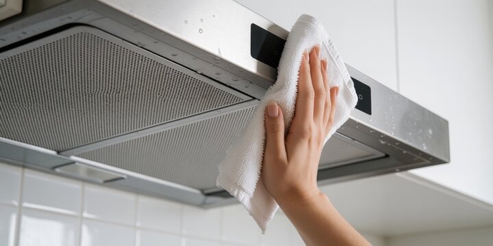 Woman cleaning stainless steel kitchen range hood with white microfiber cloth