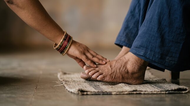 Young Indian woman touching the feet of an elder person for blessings representing respect and culture