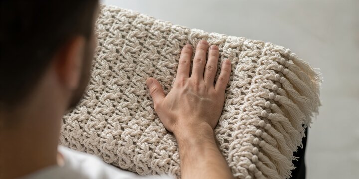 Young man touching a soft knitted throw blanket with fringes in a cozy indoor setting, representing textile texture and home comfort