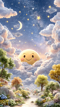 Playful Emoji Pattern Aesthetic Whimsical Smiling Sun in Dreamy Fantasy Landscape Kawaii Emoji Face Mobile Wallpaper Cute Expression Character Background   