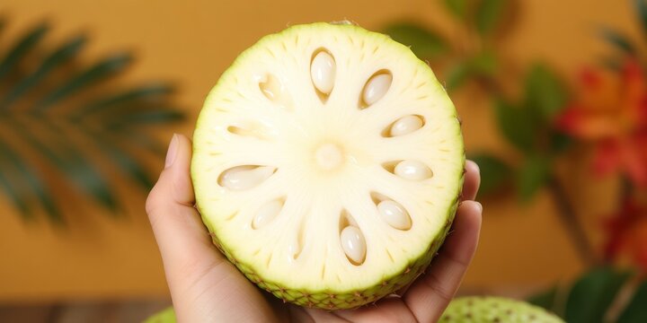Cross section of fresh ripe marang fruit held in hand showing white seeds and pulp against warm background