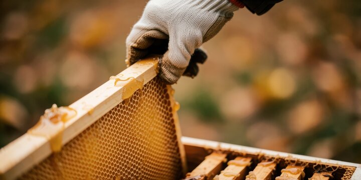 Beekeeper holding a honeycomb frame filled with fresh honey from a beehive in an apiary outdoors representing sustainable local food production and natural agriculture