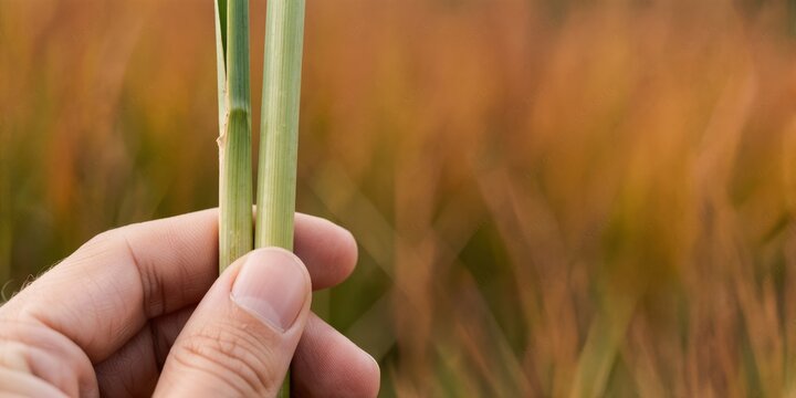 Close up of a human hand holding green grass stems in a field representing nature agriculture and sustainable farming practices
