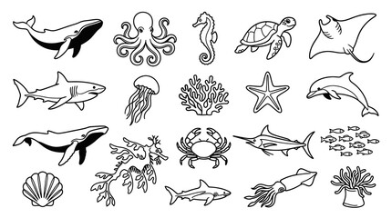 Obraz premium Ocean Marine Life Creatures Black and White Line Art Vector Set. Sea Animals Underwater Nature Outline Doodles Collection