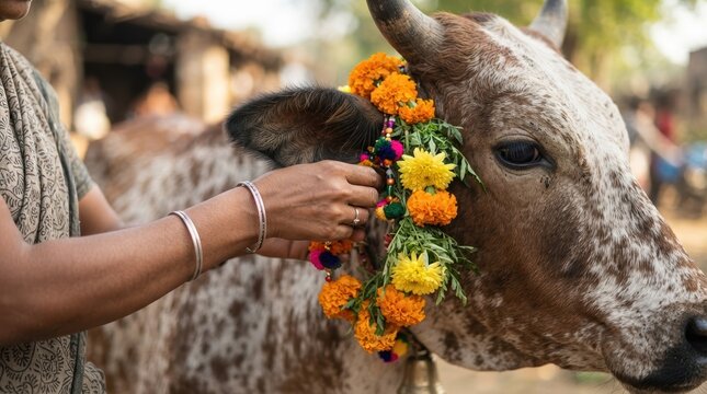 Woman decorating sacred zebu cow with marigold flower garland for traditional festival