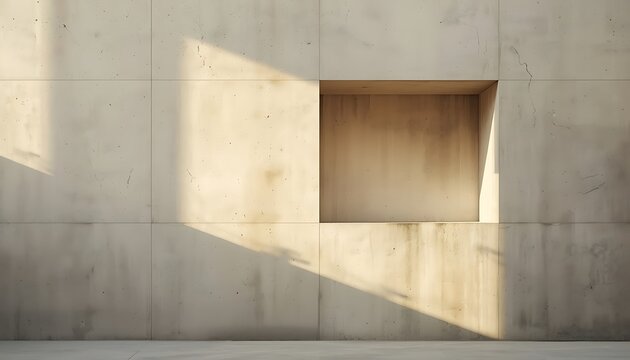 Architectural concrete wall with a recessed square niche illuminated by diagonal sunlight, creating sharp geometric shadows and high contrast textures on a minimal beige exterior facade surface.