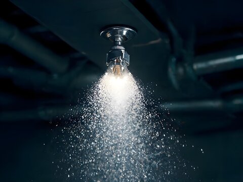 Fire Sprinkler Spraying Water for Automatic Fire Suppression System, Building Fire Safety Equipment, Emergency Protection, Fire Prevention and Commercial Property Safety
