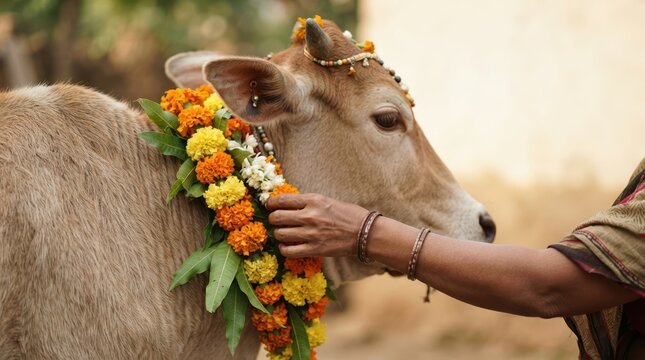Decorated Indian cow adorned with marigold flowers during traditional festival celebration